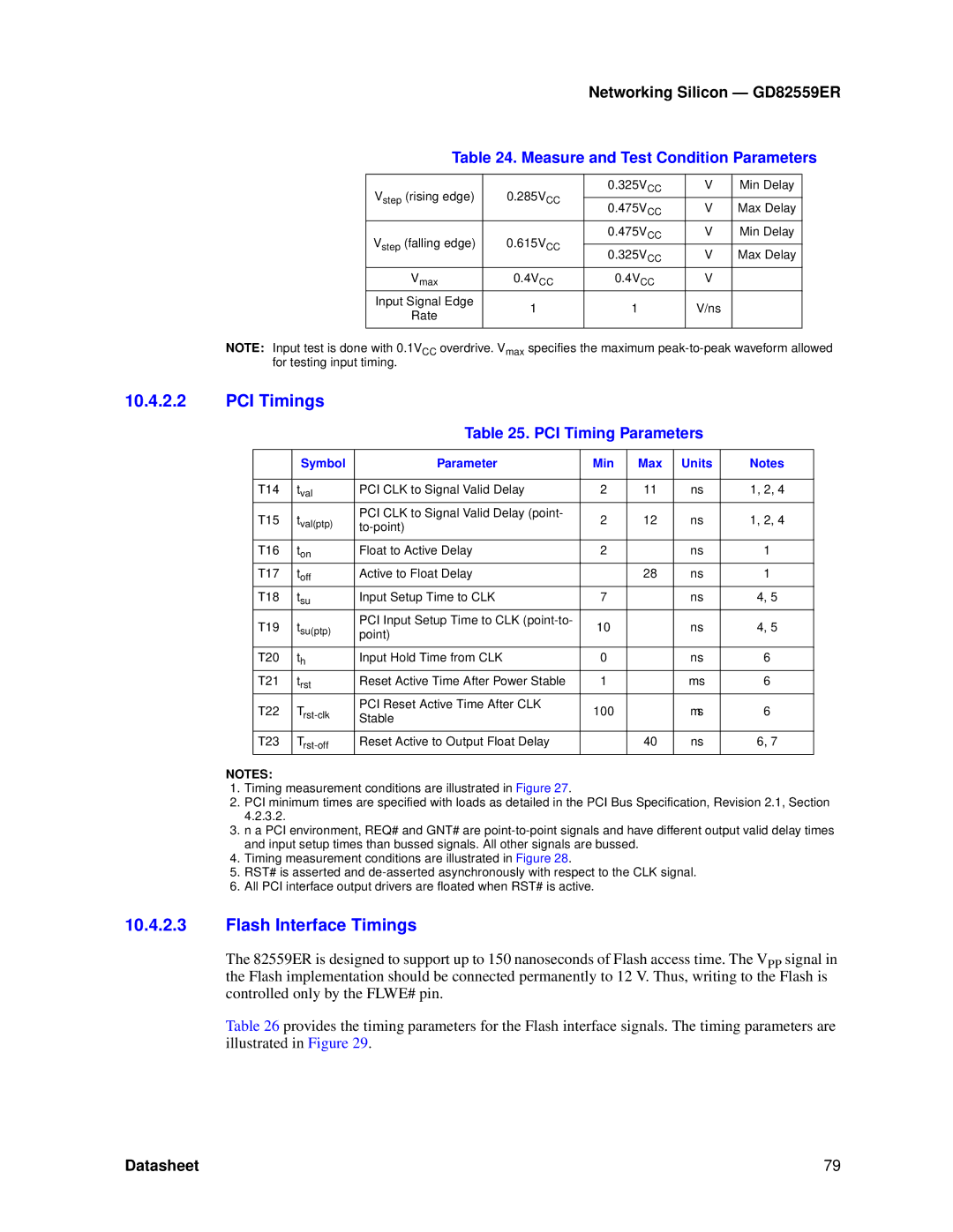 Intel GD82559ER manual PCI Timings, Flash Interface Timings, PCI Timing Parameters, Symbol Parameter Min Max Units 