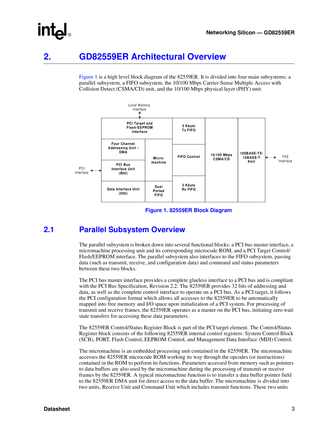 Intel manual GD82559ER Architectural Overview, Parallel Subsystem Overview 