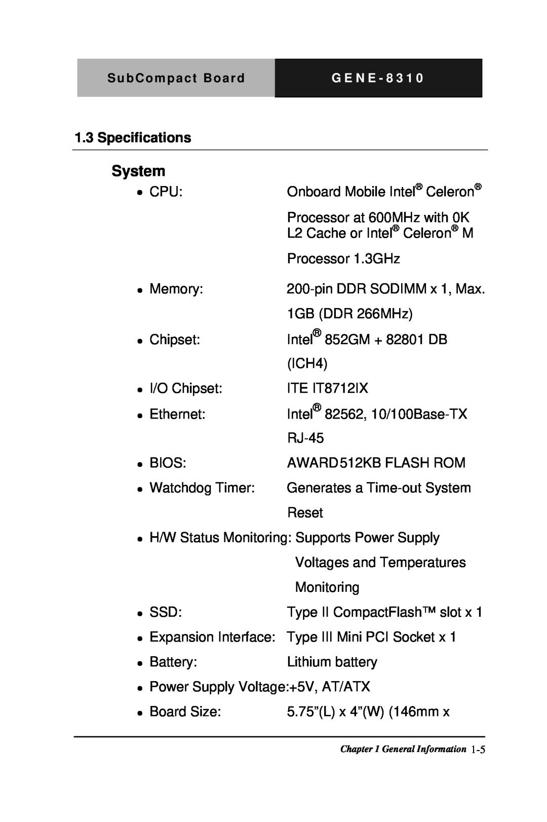 Intel GENE-8310 manual System, Specifications 