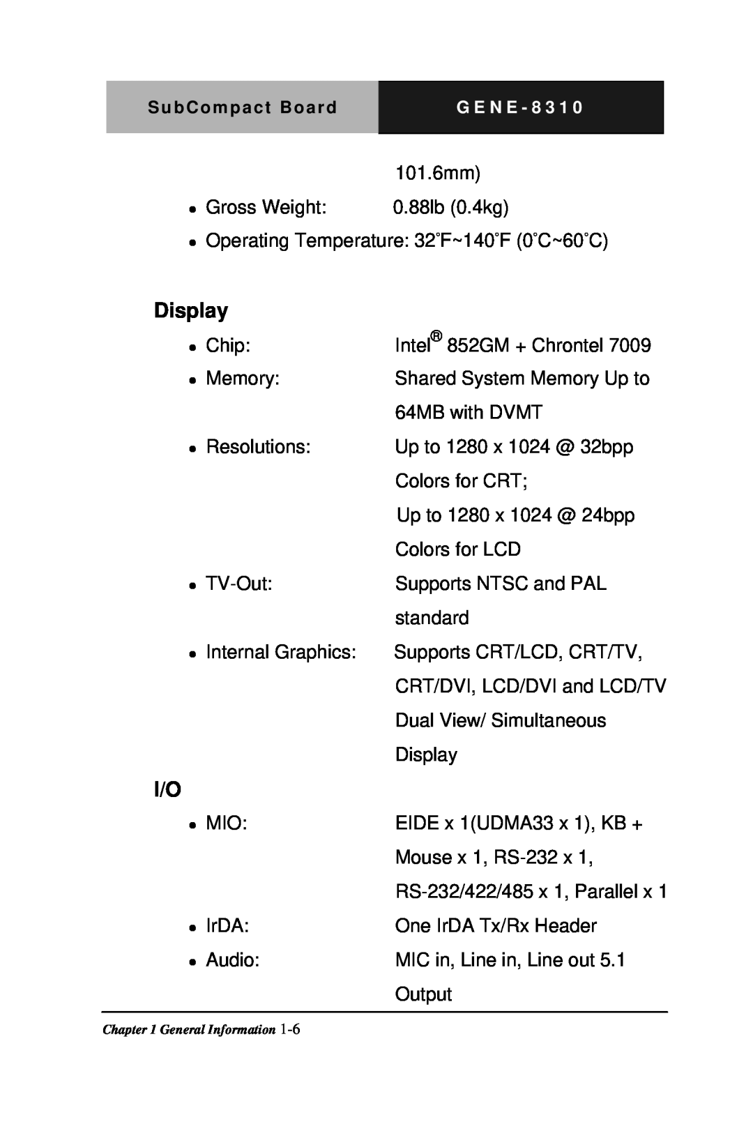 Intel GENE-8310 manual Display 