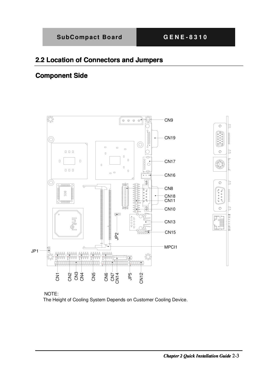 Intel GENE-8310 manual Location of Connectors and Jumpers Component Side, SubCompact Board, G E N E - 8 3 1 