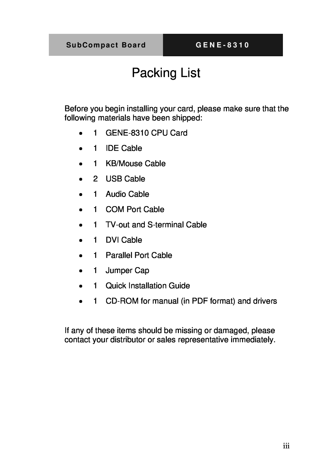 Intel GENE-8310 manual Packing List 