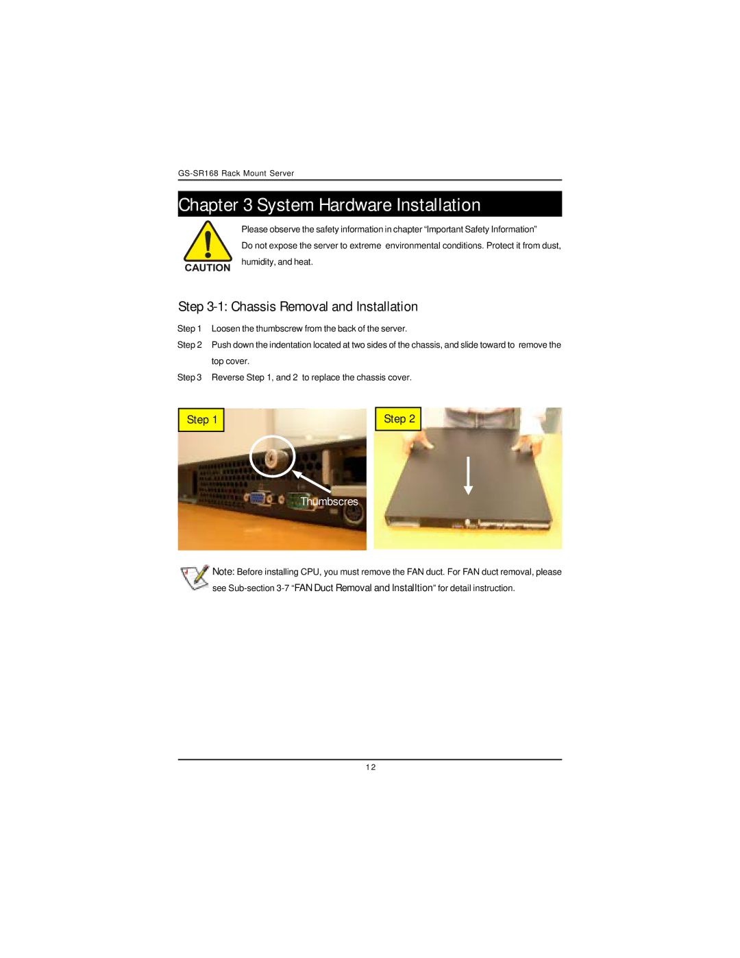 Intel GS-SR168 manual System Hardware Installation, Chassis Removal and Installation, Step 