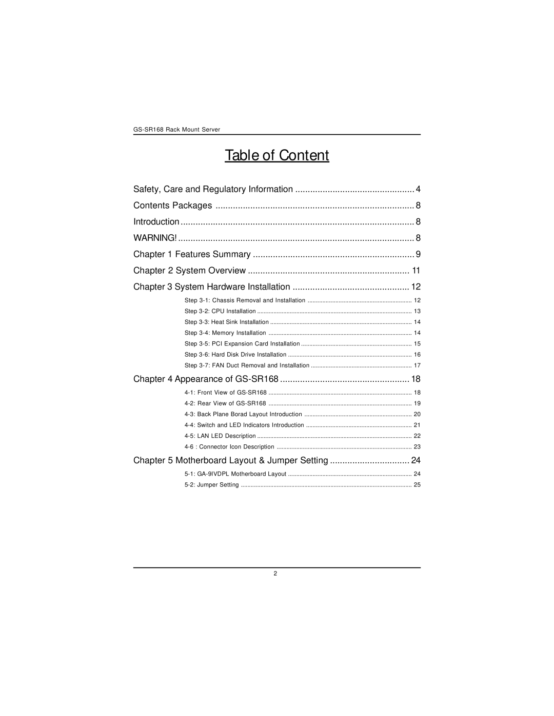 Intel GS-SR168 manual Table of Content 