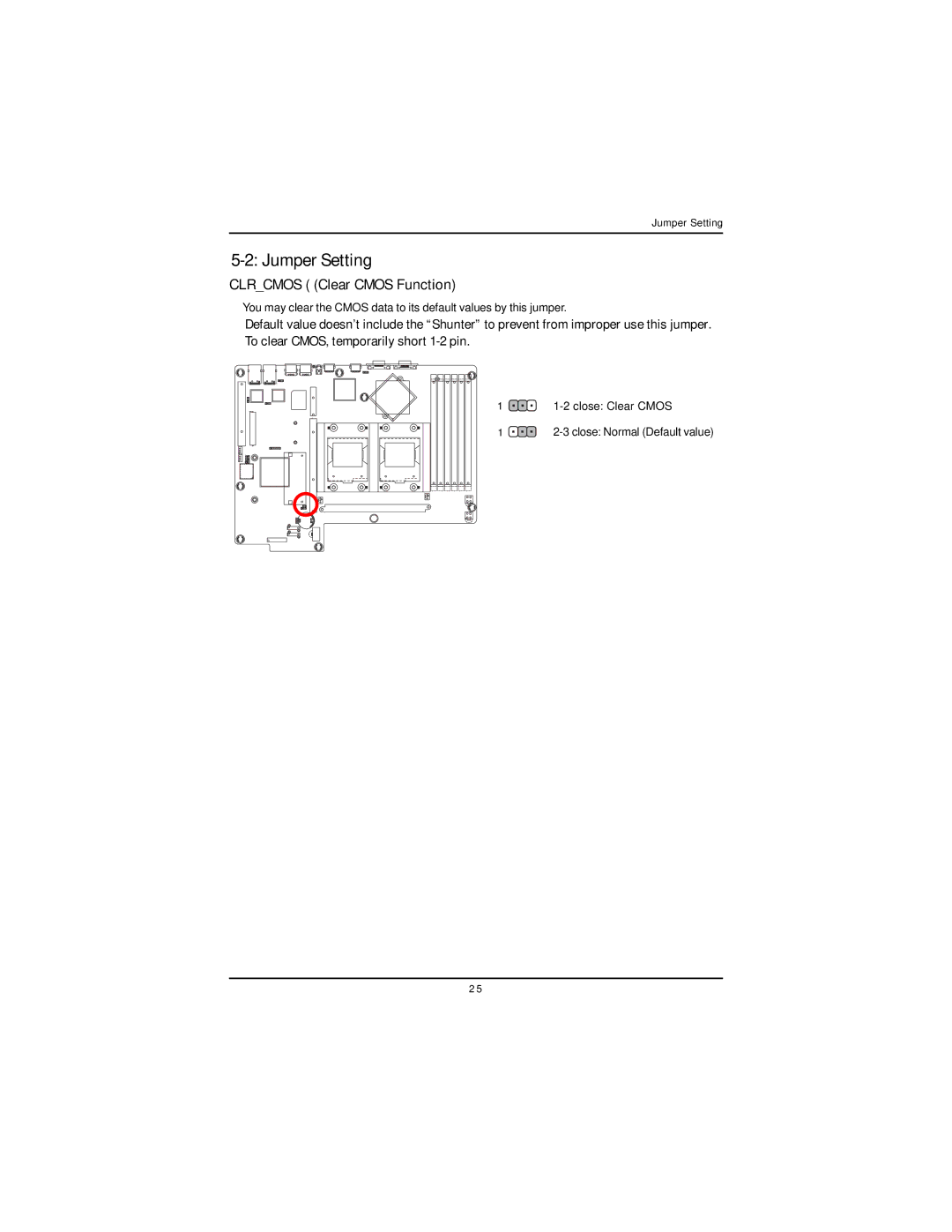 Intel GS-SR168 manual Jumper Setting, Clrcmos Clear Cmos Function 