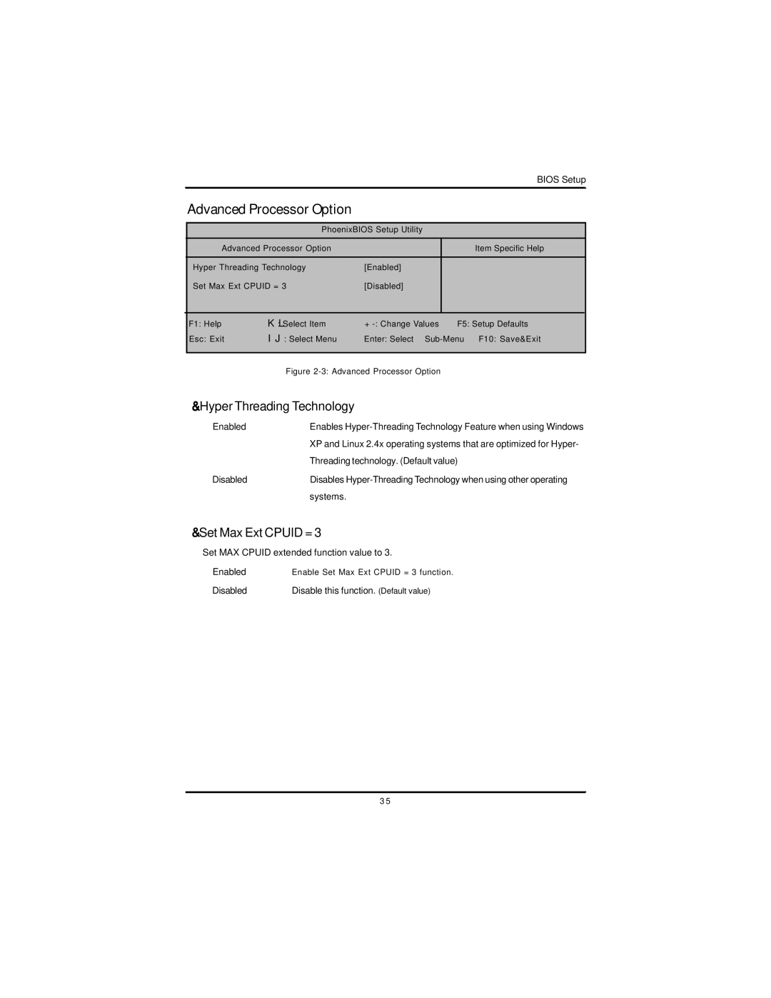 Intel GS-SR168 manual Advanced Processor Option, Hyper Threading Technology, Set Max Ext Cpuid = 