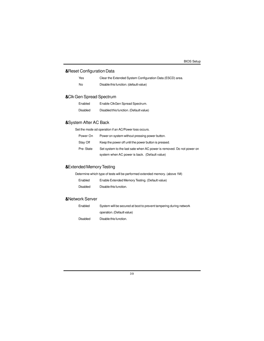 Intel GS-SR168 manual Reset ConfigurationData, Clk Gen Spread Spectrum, System After AC Back, Extended MemoryTesting 