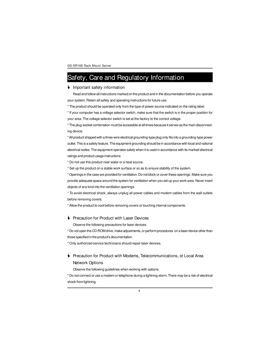 Intel GS-SR168 manual Safety, Care and Regulatory Information, Important safety information 