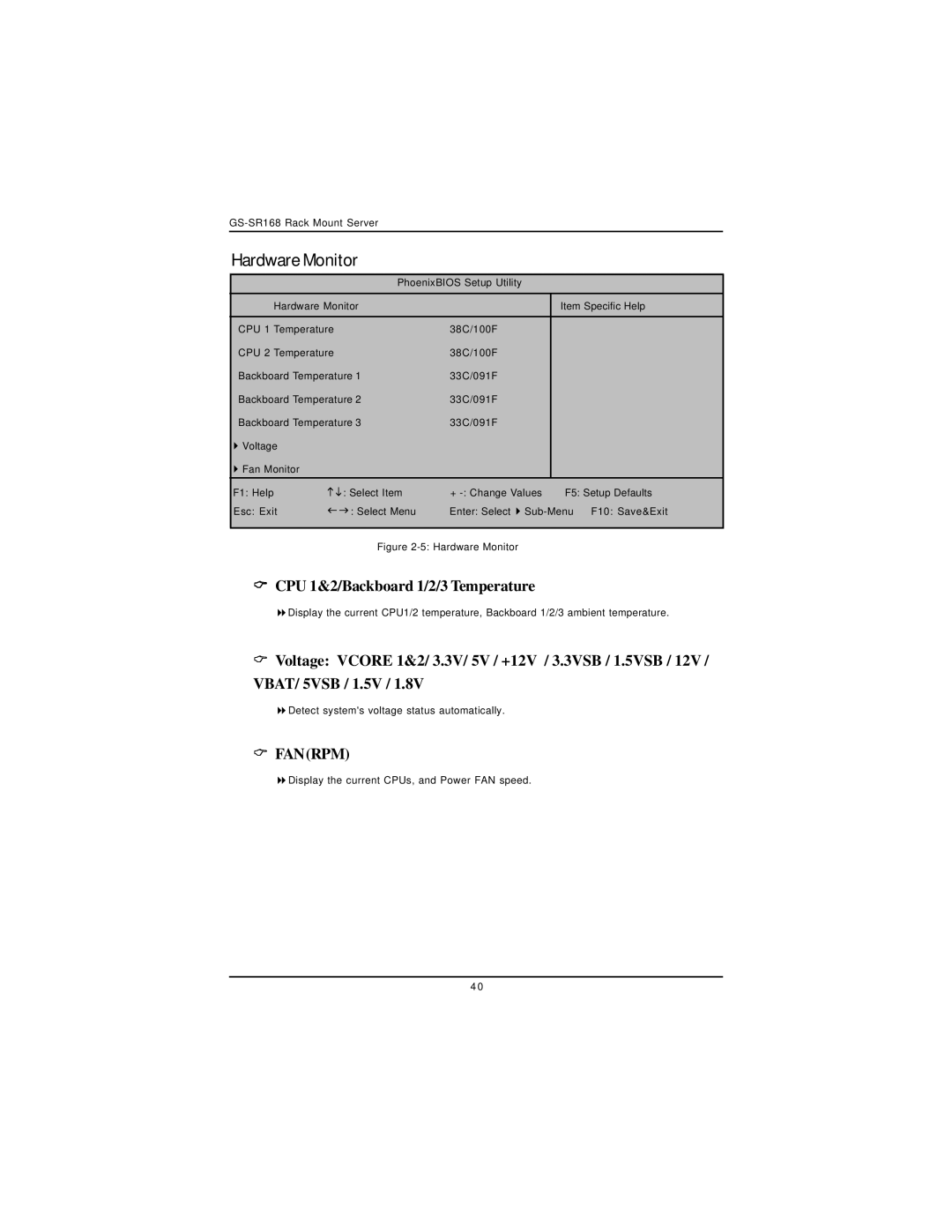 Intel GS-SR168 manual Hardware Monitor, CPU 1&2/Backboard 1/2/3 Temperature 