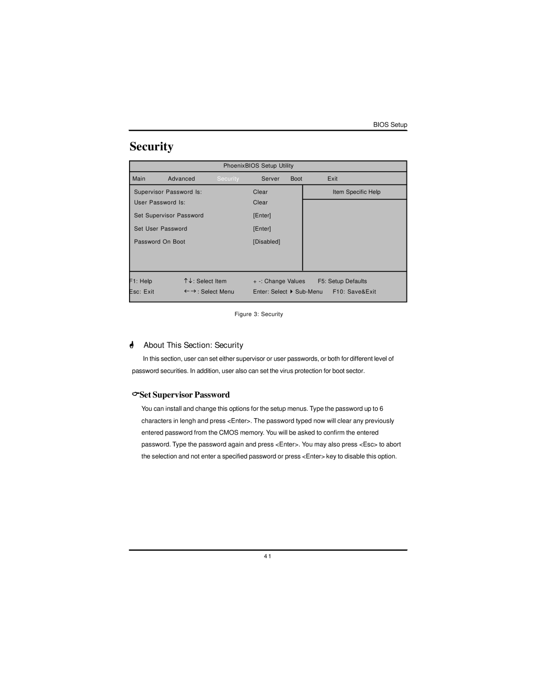 Intel GS-SR168 manual About This Section Security, Set Supervisor Password 