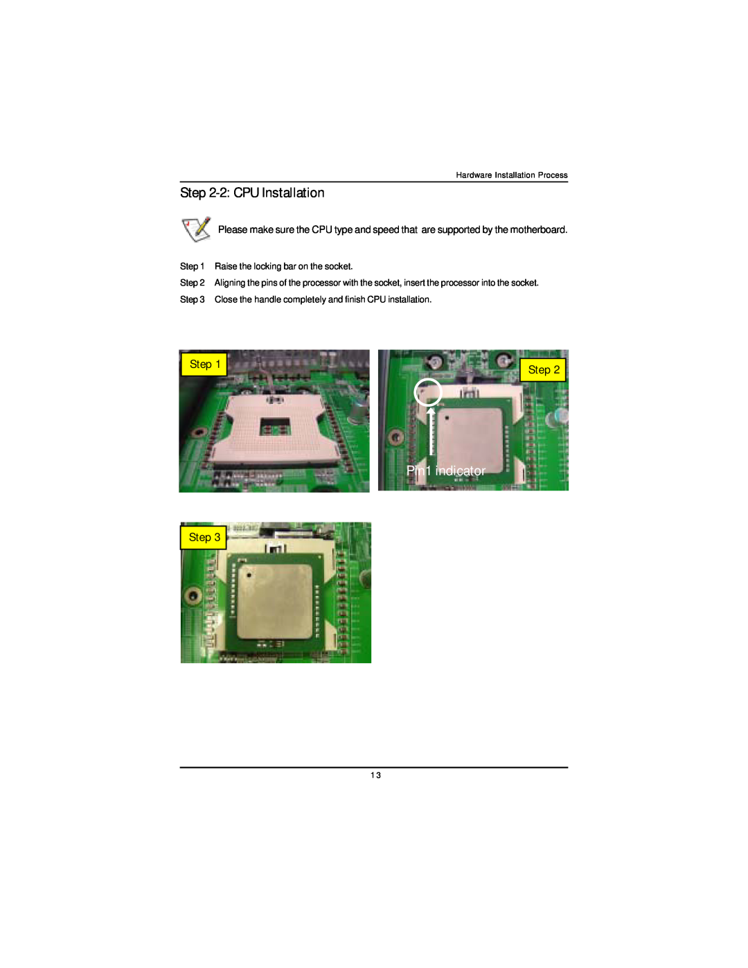 Intel GS-SR195V manual 2 CPU Installation, Pin1 indicator, Step 