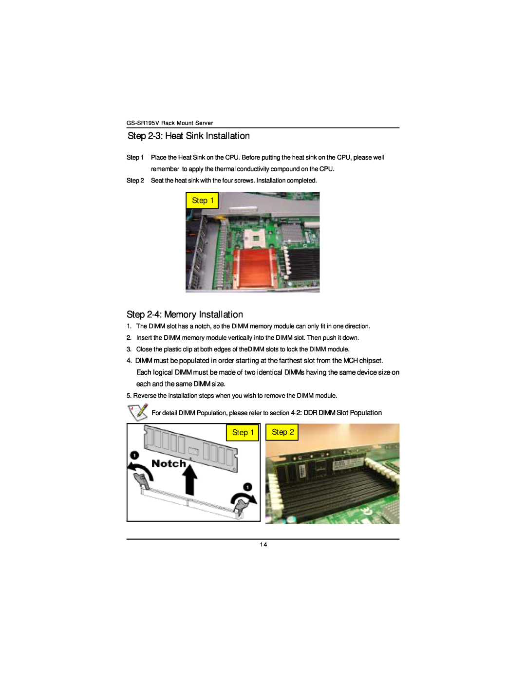 Intel GS-SR195V manual 3 Heat Sink Installation, 4 Memory Installation, Step 