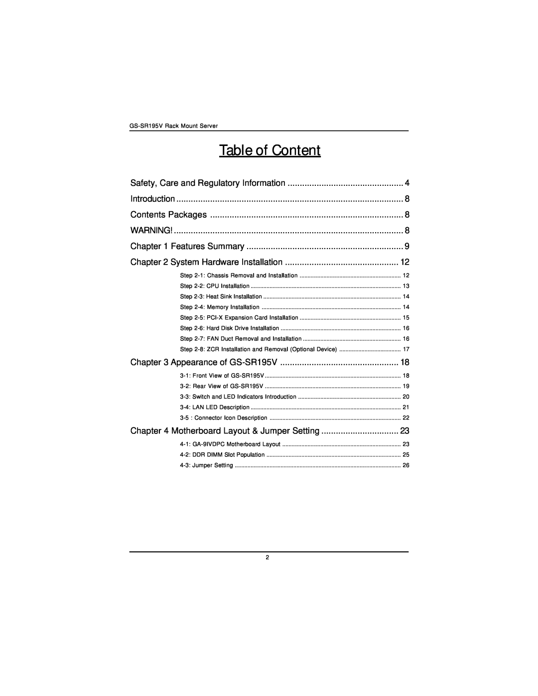 Intel GS-SR195V manual Table of Content, Safety, Care and Regulatory Information, Introduction, Contents Packages 