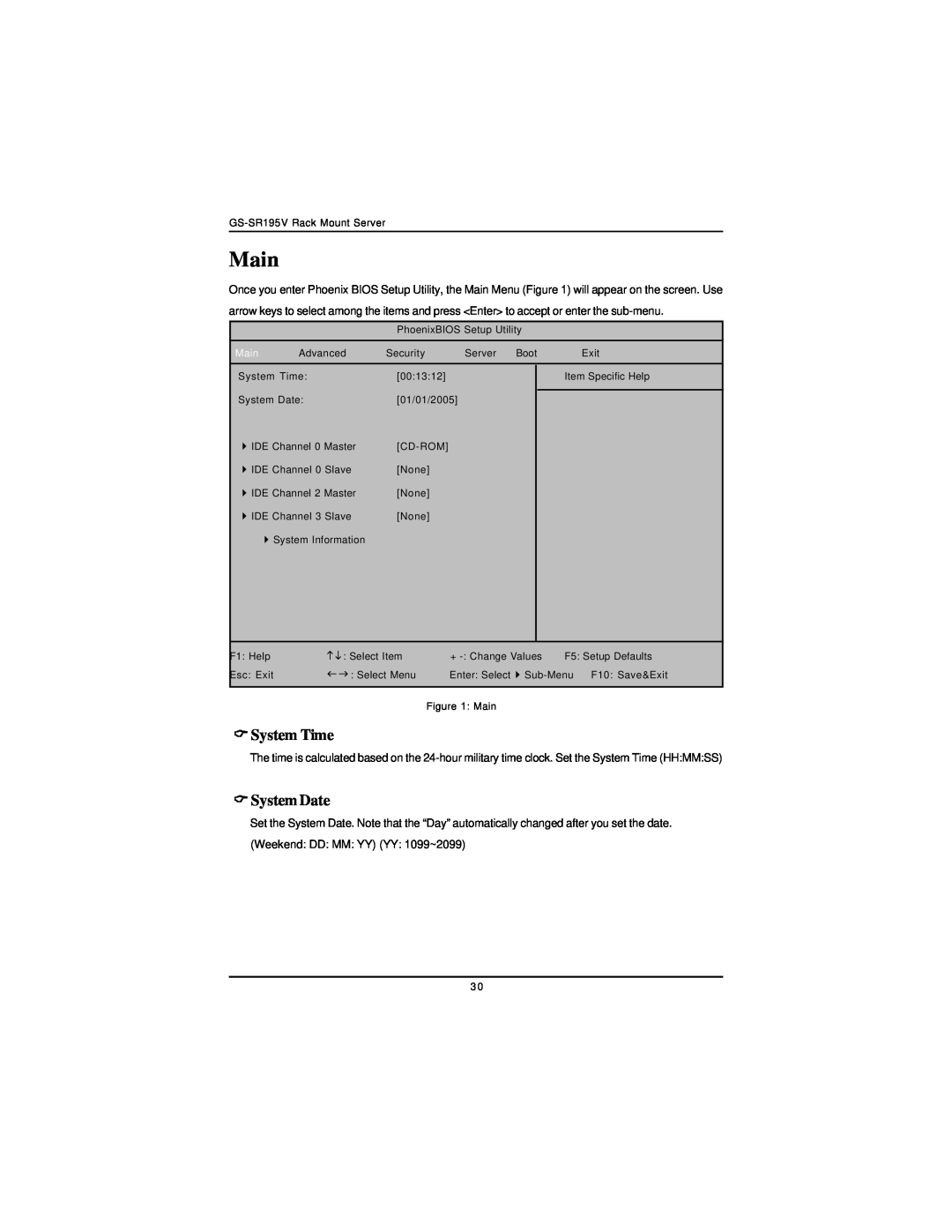 Intel GS-SR195V manual Main, System Time, System Date 