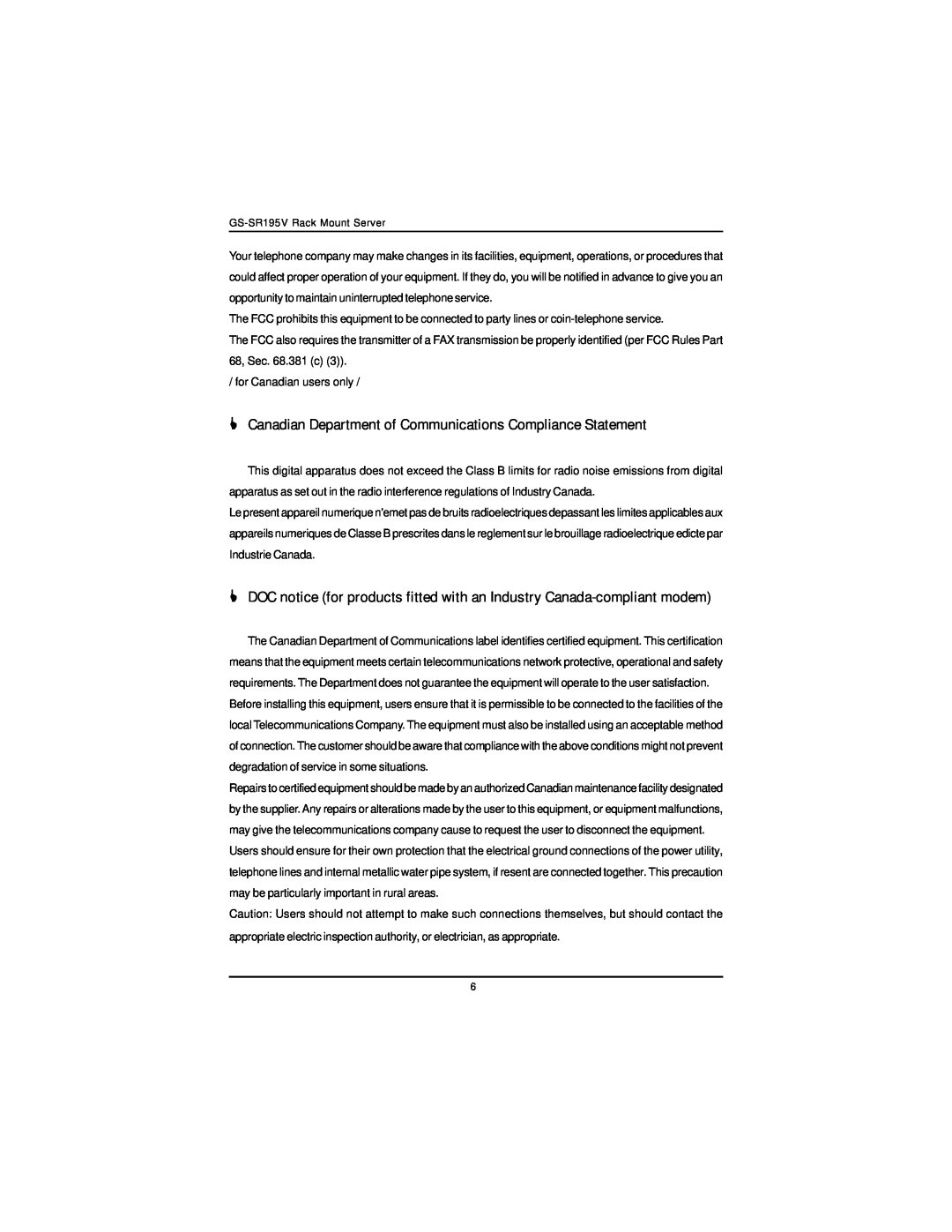 Intel GS-SR195V manual Canadian Department of Communications Compliance Statement 