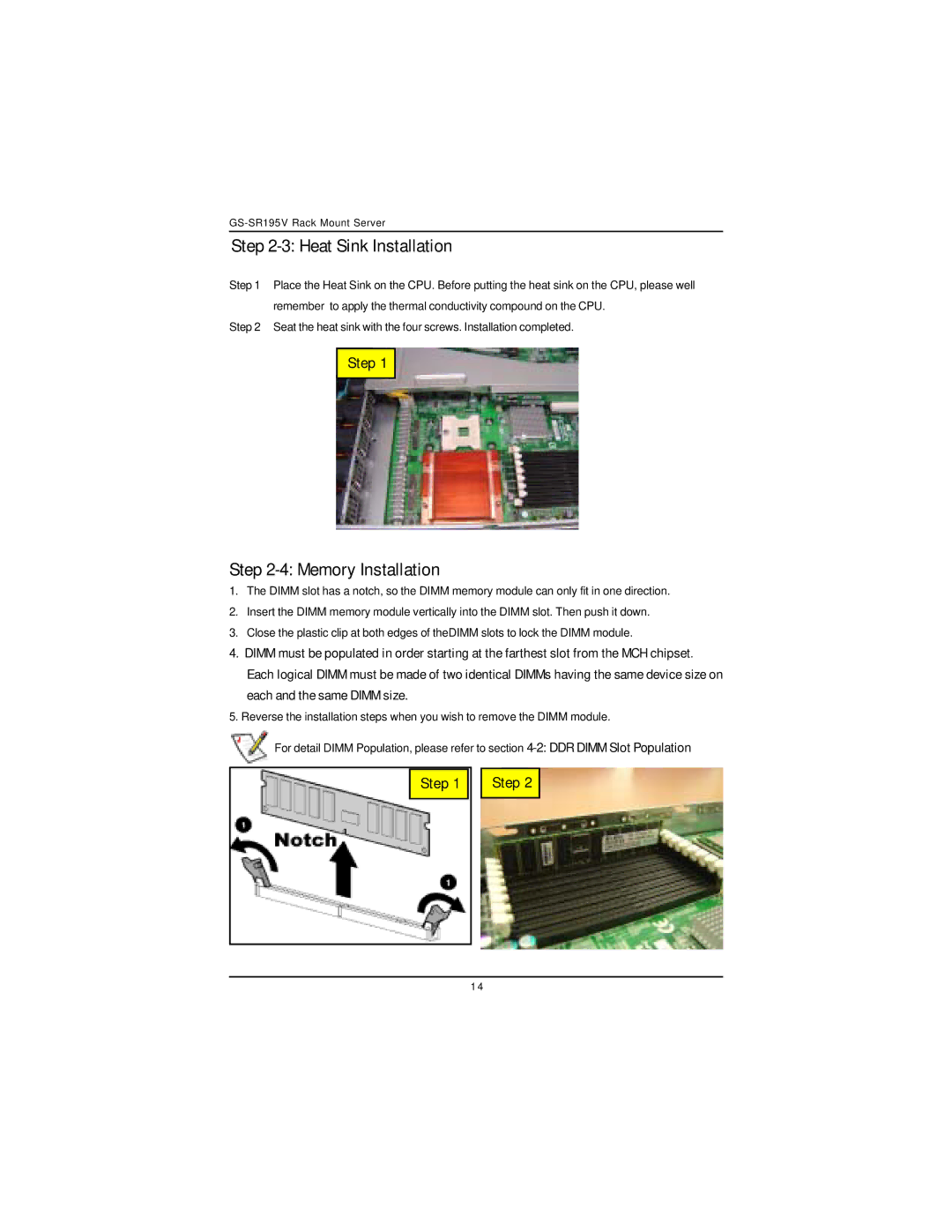 Intel GS-SR195V manual Heat Sink Installation, Memory Installation 