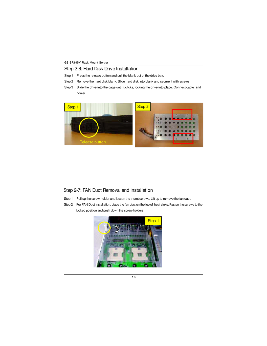 Intel GS-SR195V manual Hard Disk Drive Installation, FAN Duct Removal and Installation 