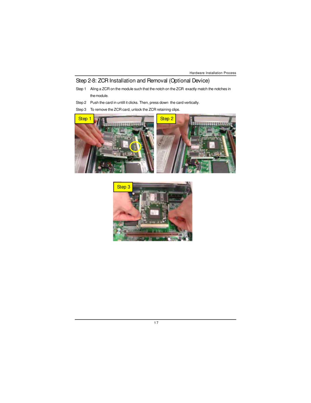 Intel GS-SR195V manual ZCR Installation and Removal Optional Device 