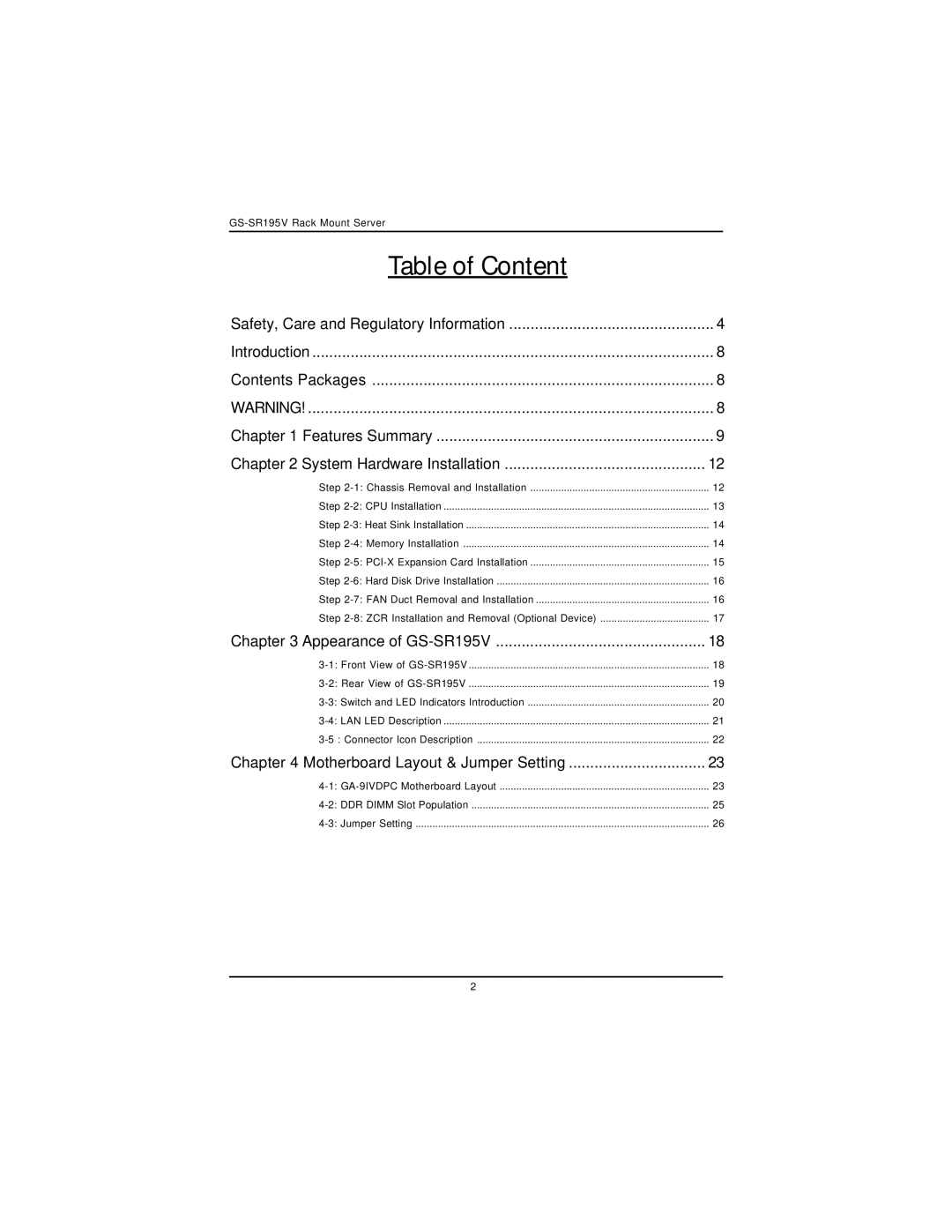 Intel GS-SR195V manual Table of Content 