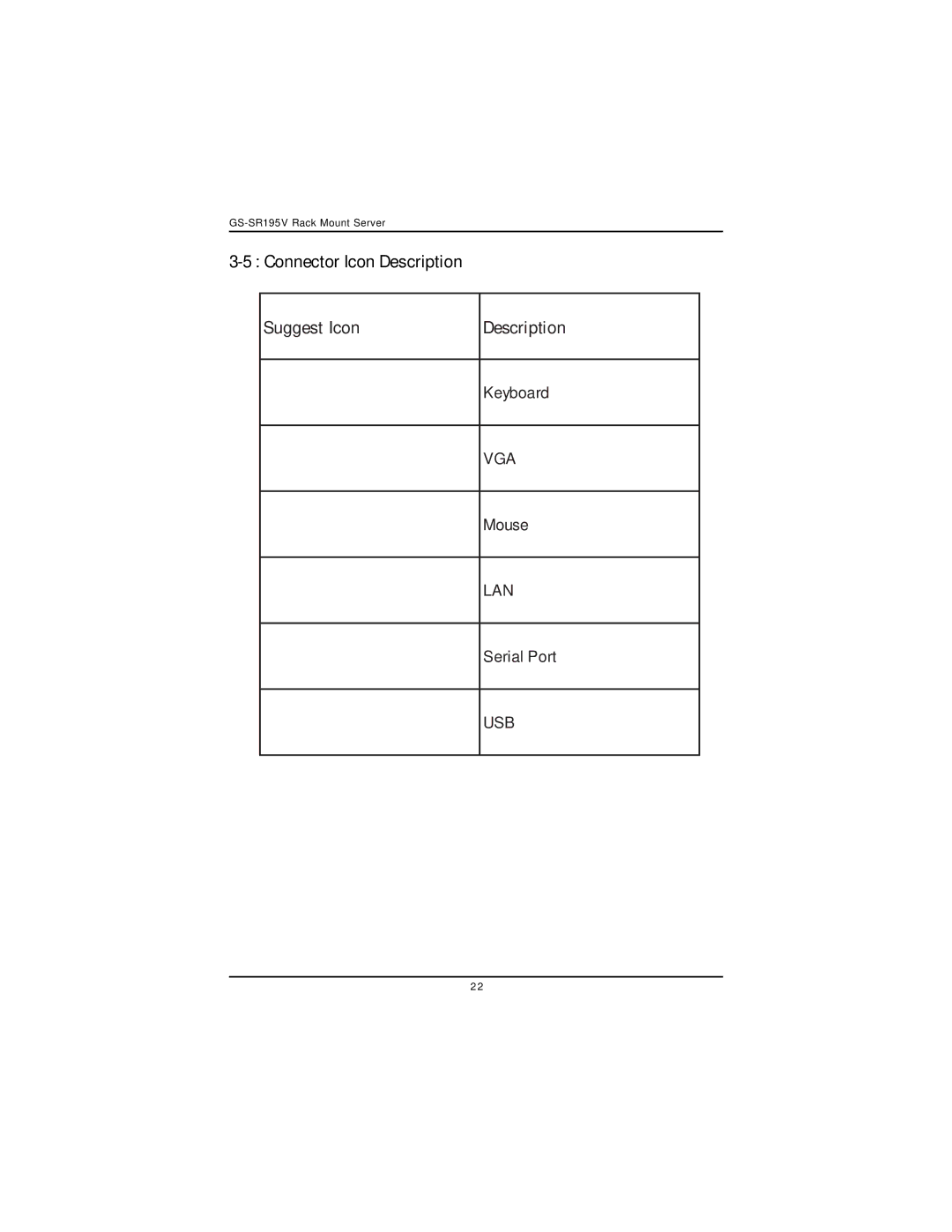 Intel GS-SR195V manual Connector Icon Description 