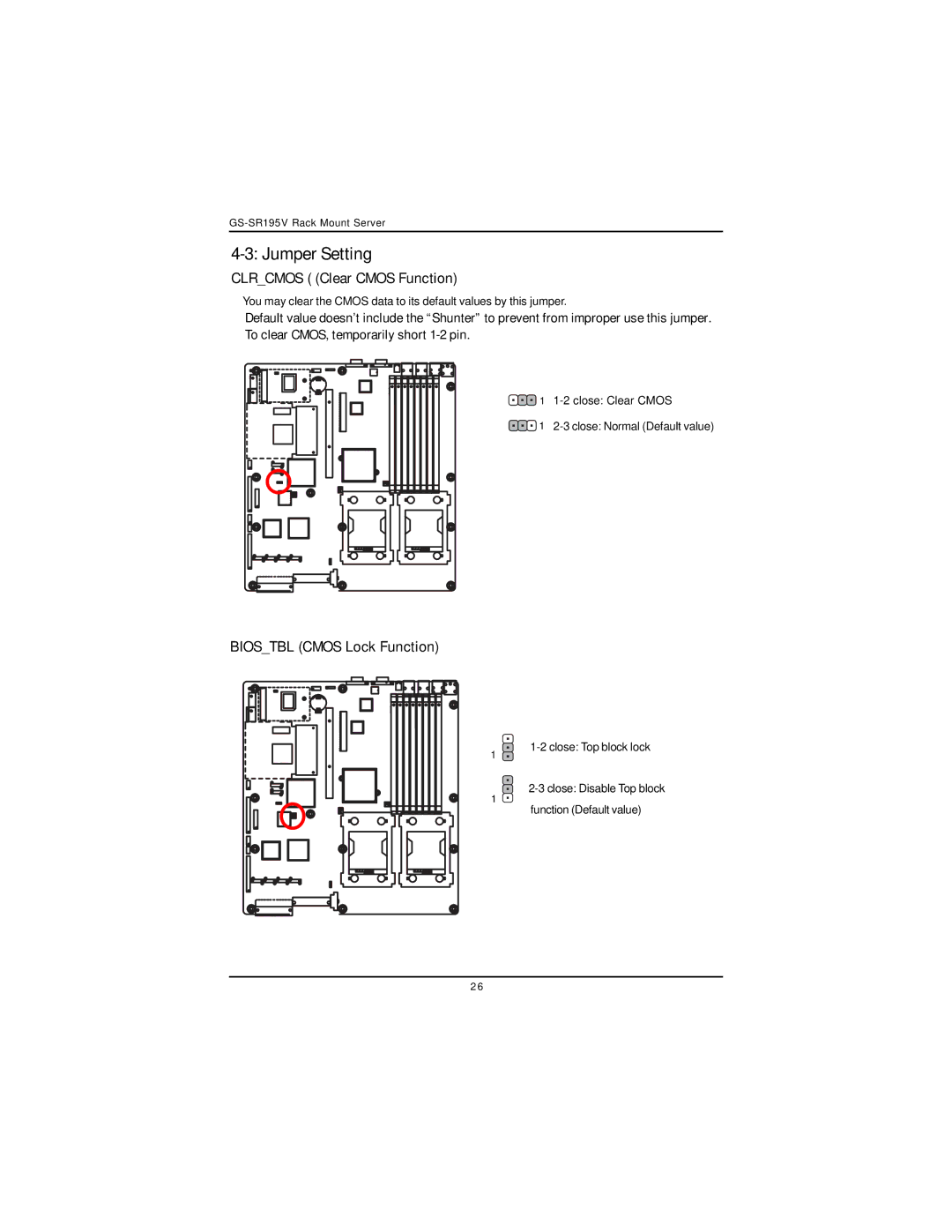 Intel GS-SR195V manual Jumper Setting, Clrcmos Clear Cmos Function, Biostbl Cmos Lock Function 