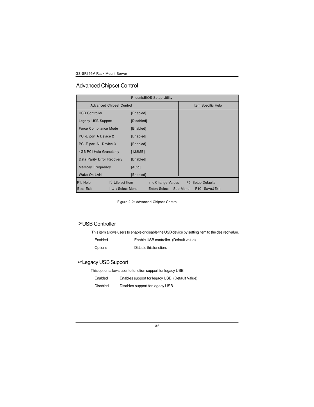 Intel GS-SR195V manual Advanced Chipset Control, USB Controller, Legacy USB Support 