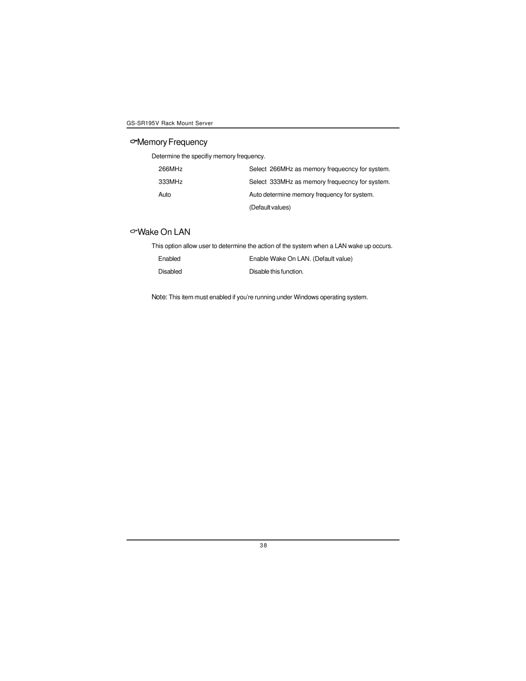 Intel GS-SR195V manual MemoryFrequency, Wake On LAN 