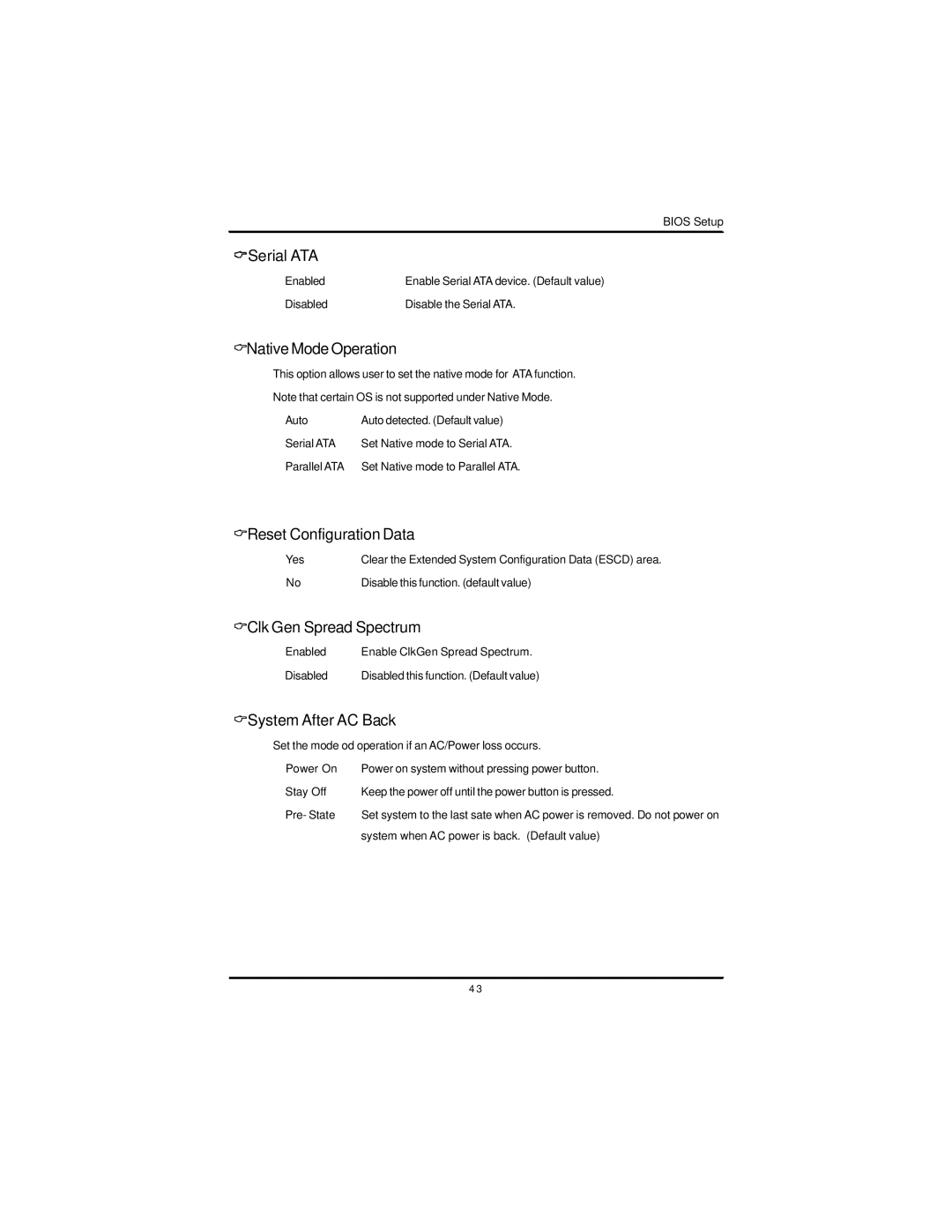 Intel GS-SR195V Serial ATA, NativeModeOperation, Reset ConfigurationData, Clk Gen Spread Spectrum, System After AC Back 