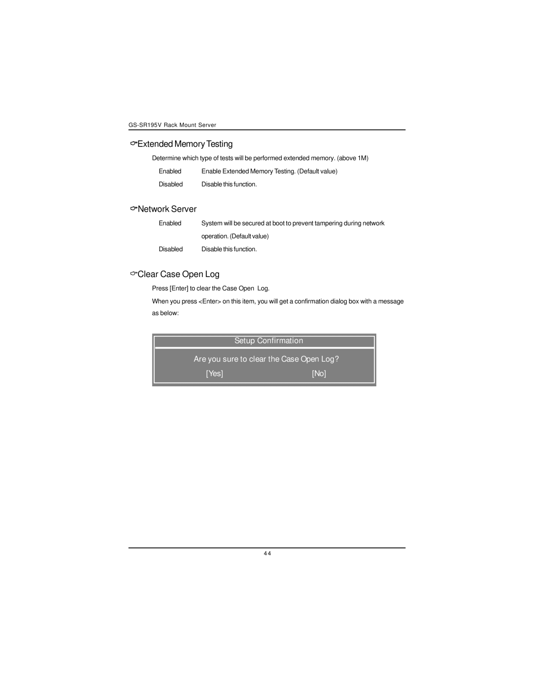 Intel GS-SR195V manual Extended MemoryTesting, Network Server, Clear Case Open Log 