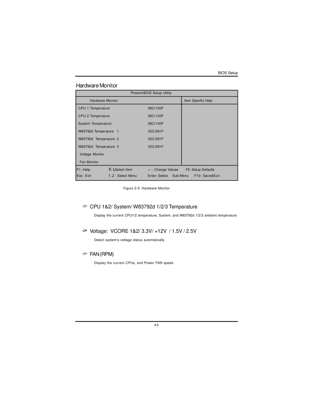 Intel GS-SR195V manual Hardware Monitor, CPU 1&2/ System/ W83792d 1/2/3 Temperature, Voltage Vcore 1&2/ 3.3V/ +12V / 1.5V 