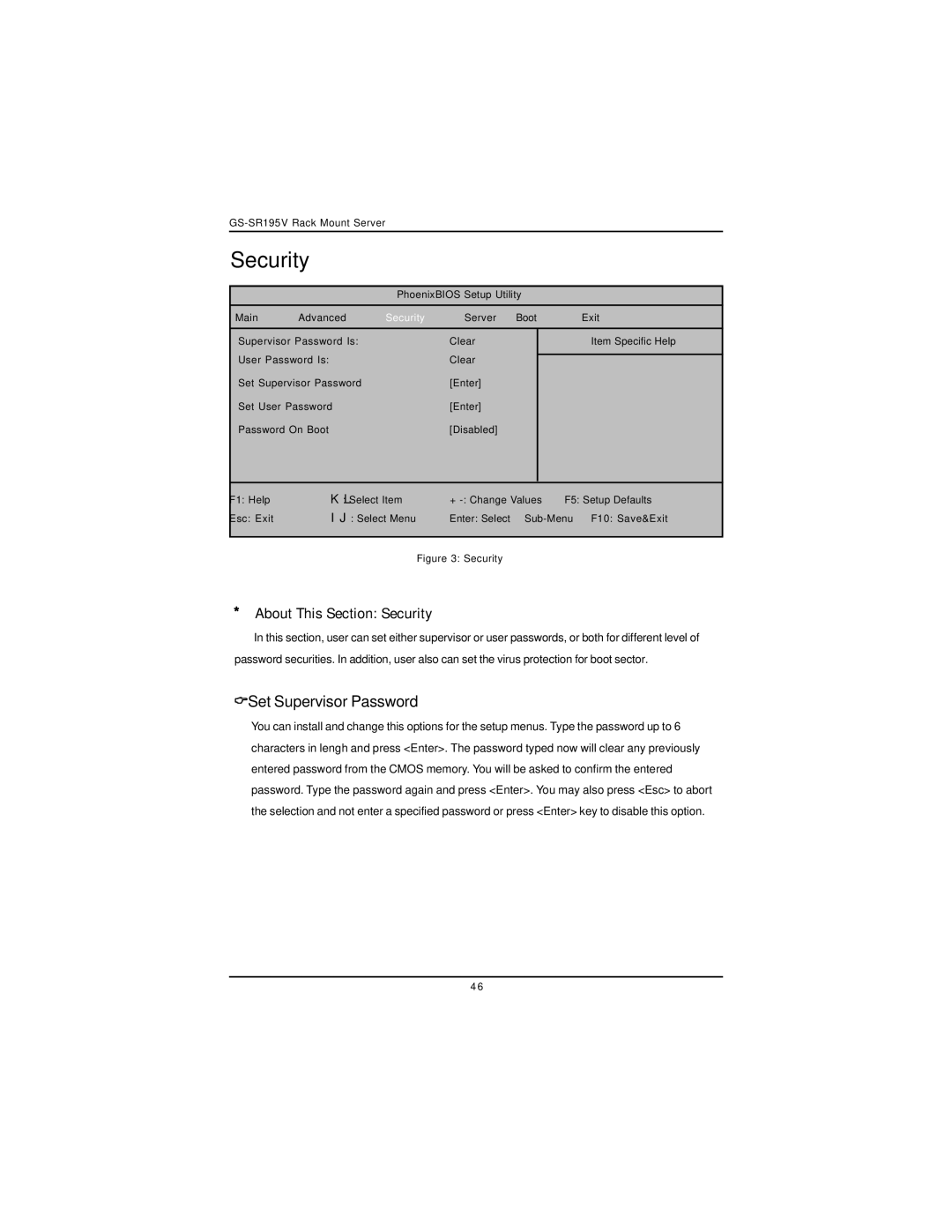 Intel GS-SR195V manual About This Section Security, Set Supervisor Password 