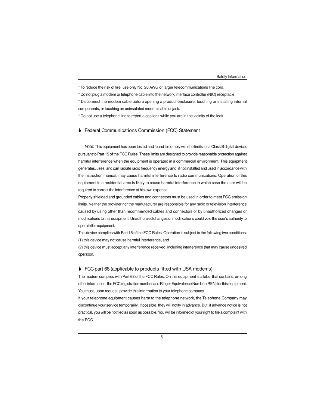 Intel GS-SR195V Federal Communications Commission FCC Statement, FCC part 68 applicable to products fitted with USA modems 