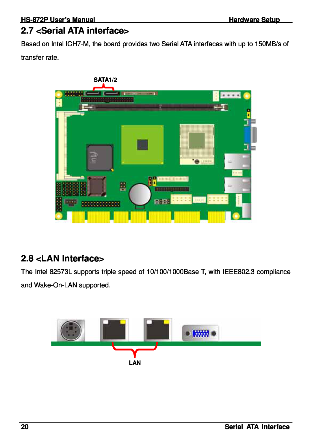 Intel HS-872P, half-size single board computer user manual Serial ATA interface, LAN Interface 