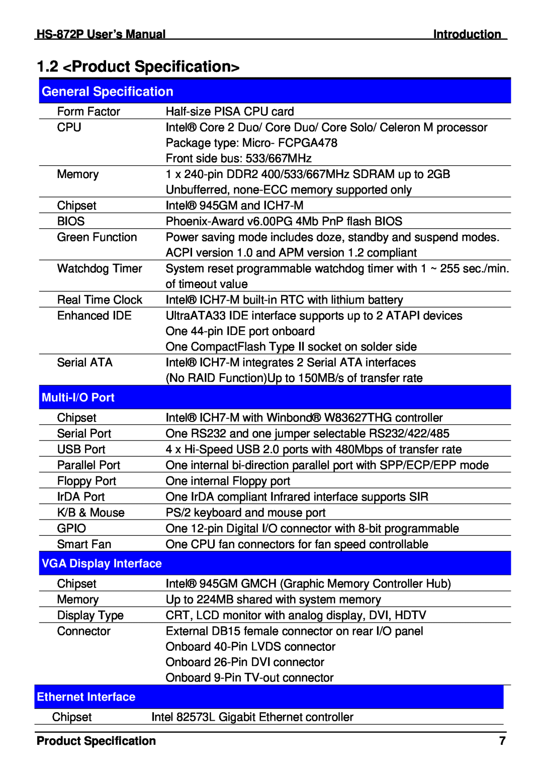 Intel half-size single board computer Product Specification, General Specification, Multi-I/O Port, VGA Display Interface 