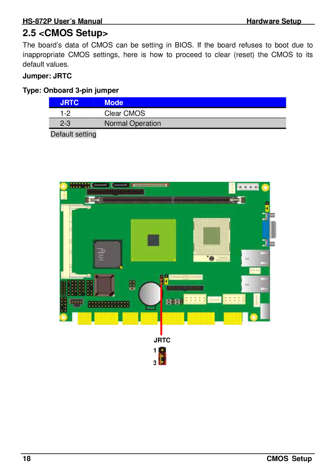 Intel HS-872P, half-size single board computer user manual Cmos Setup, Jumper Jrtc Type Onboard 3-pin jumper, Jrtc Mode 