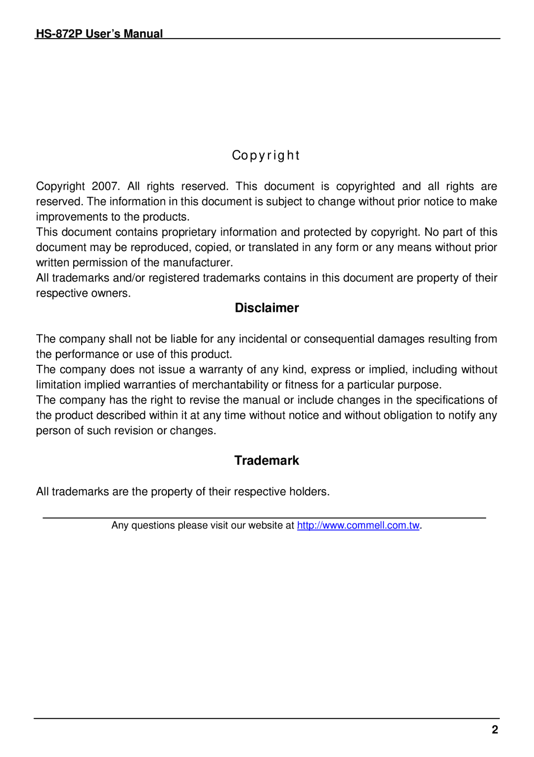 Intel half-size single board computer user manual Disclaimer, Trademark, HS-872P User’s Manual 