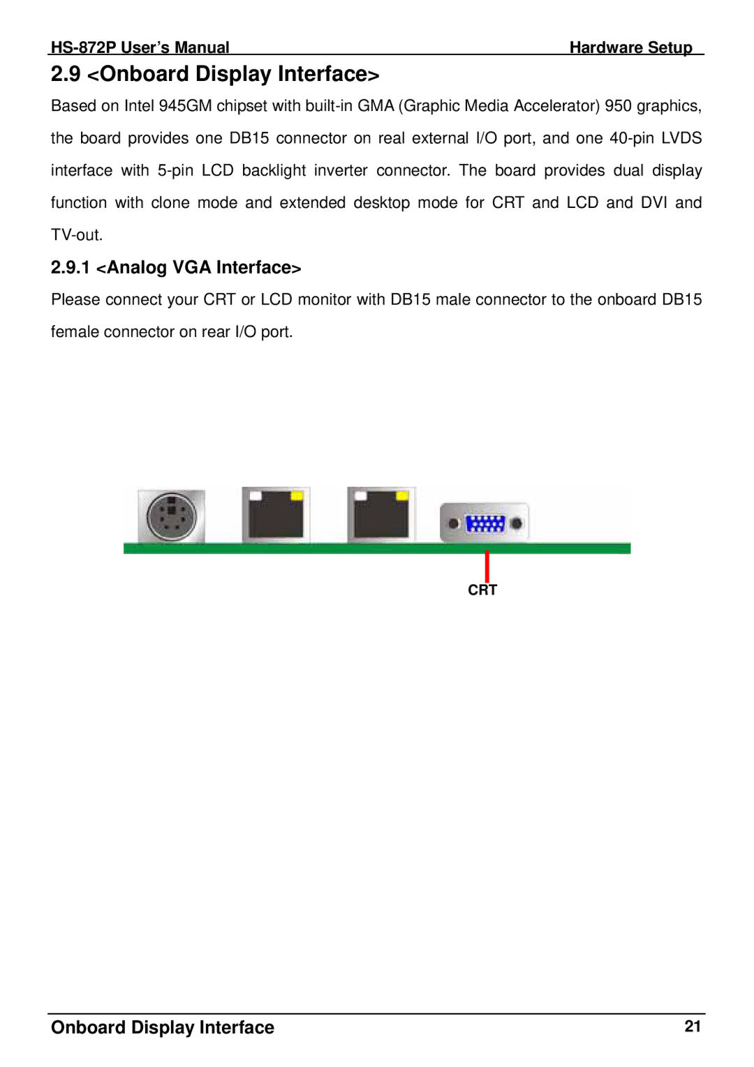 Intel half-size single board computer, HS-872P user manual Onboard Display Interface, Analog VGA Interface 