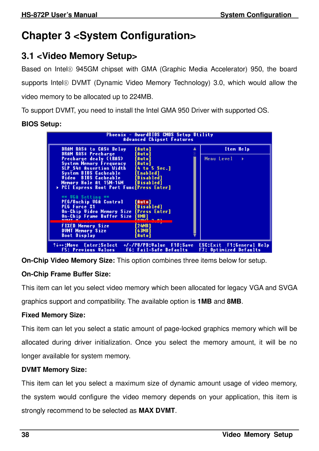 Intel HS-872P, half-size single board computer user manual System Configuration, Video Memory Setup 