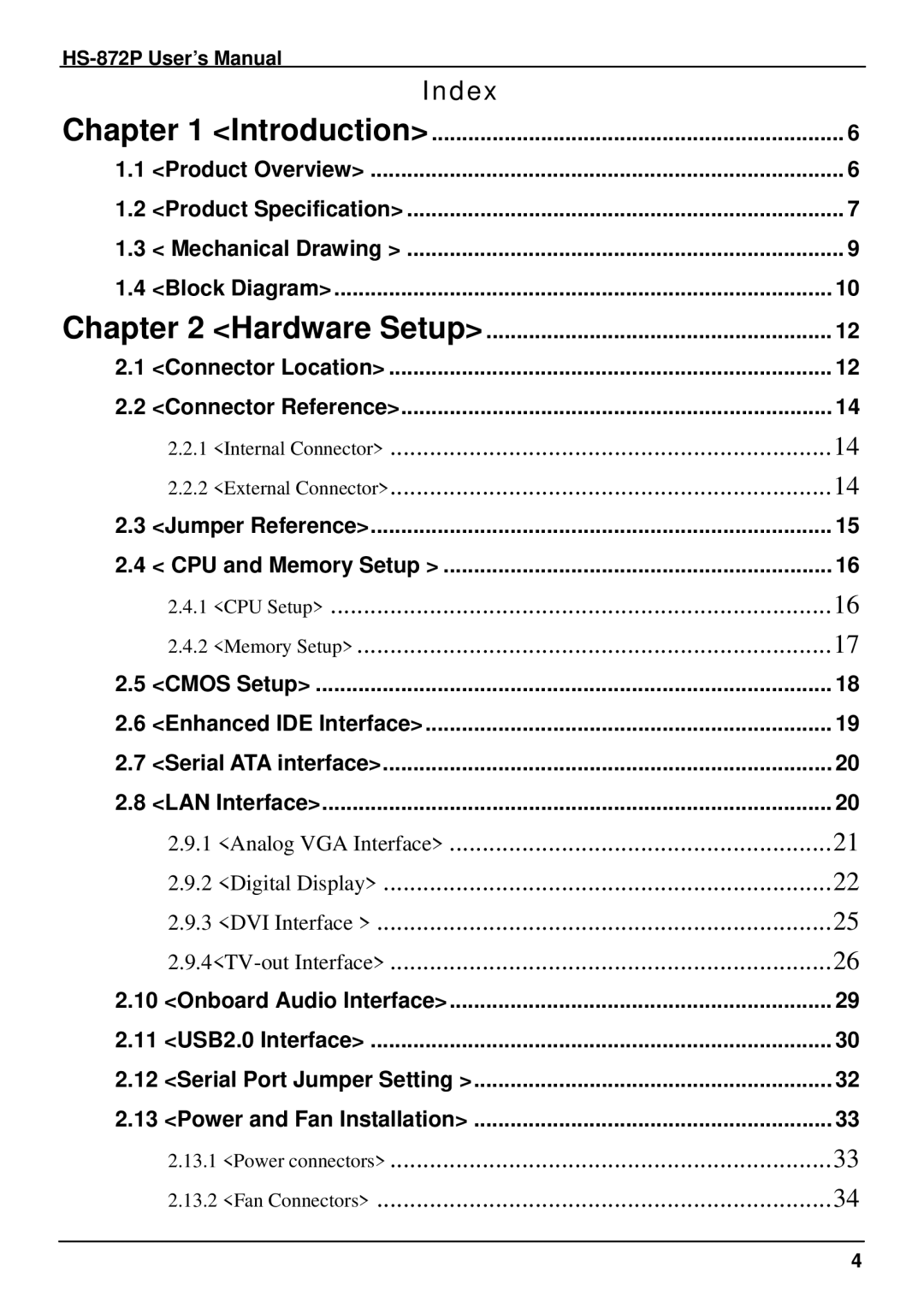 Intel HS-872P, half-size single board computer user manual Index, Jumper Reference CPU and Memory Setup 