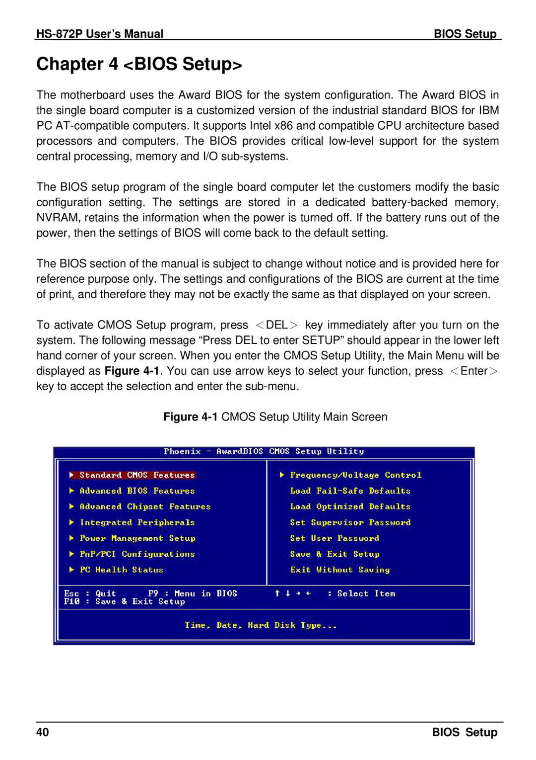 Intel half-size single board computer user manual HS-872P User’s Manual Bios Setup 