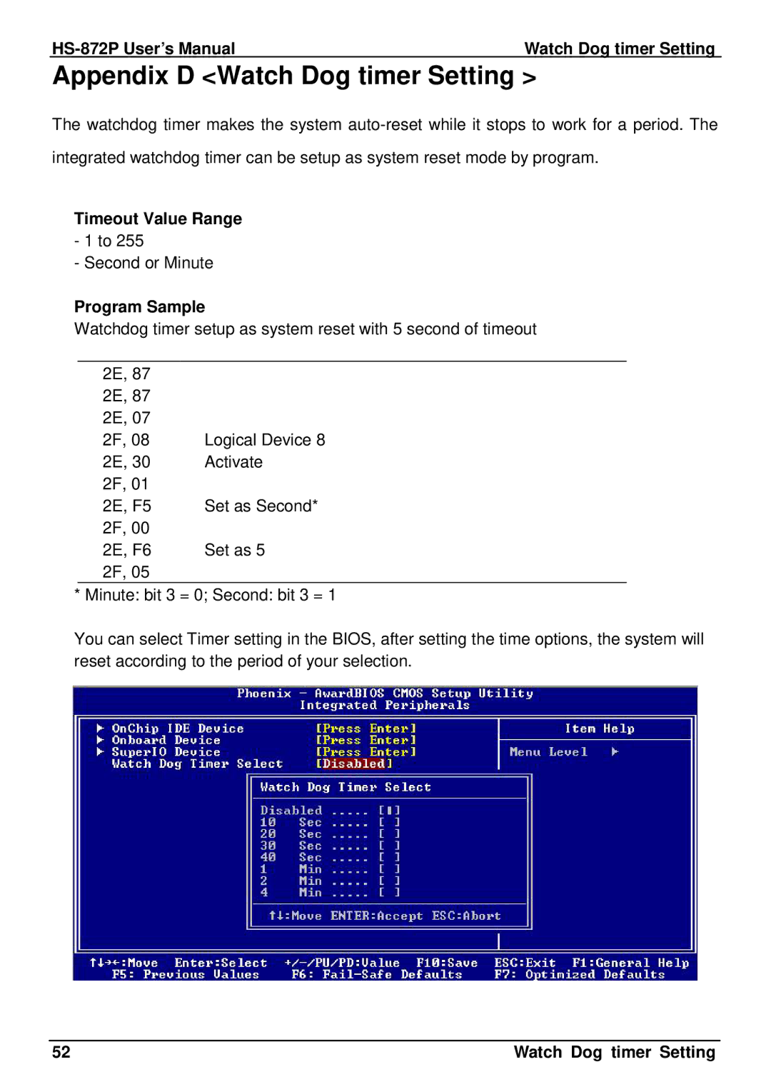 Intel user manual Appendix D Watch Dog timer Setting, HS-872P User’s Manual Watch Dog timer Setting, Timeout Value Range 