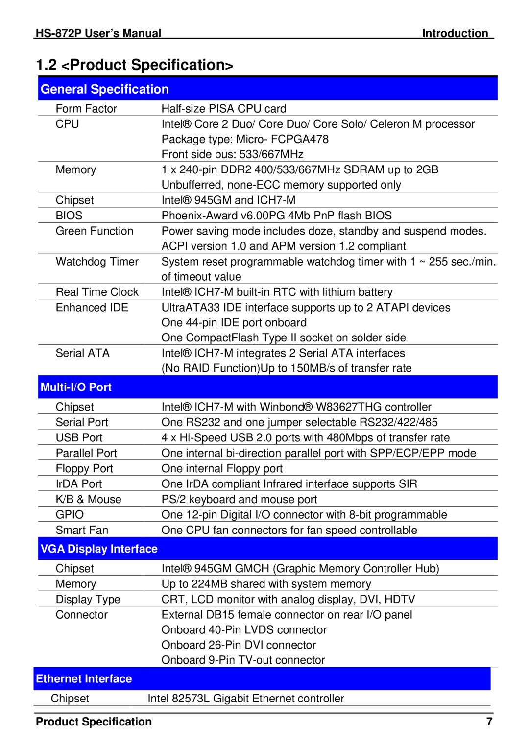 Intel half-size single board computer user manual Product Specification, HS-872P User’s ManualIntroduction, Multi-I/O Port 