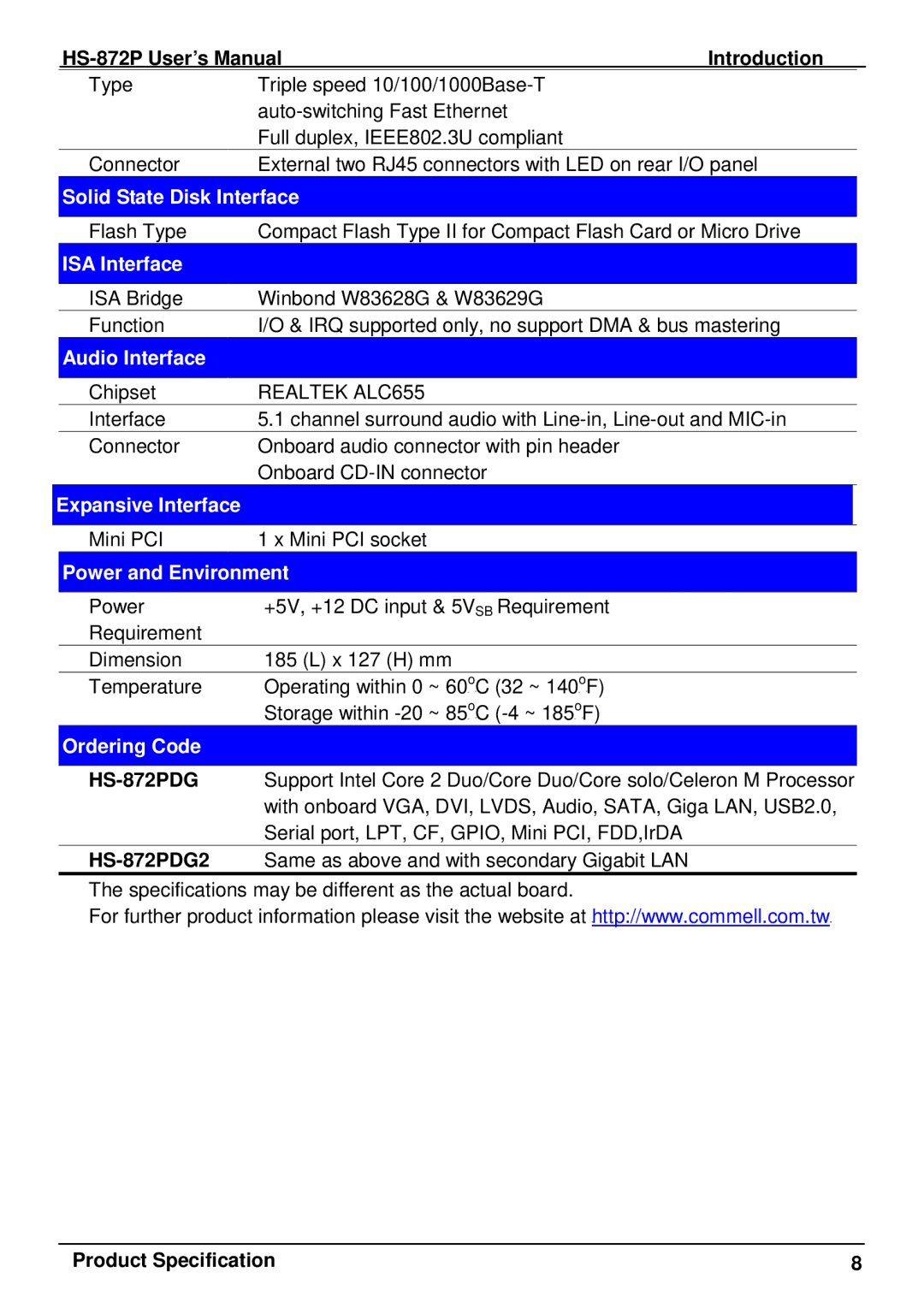 Intel HS-872P Solid State Disk Interface, ISA Interface, Audio Interface, Expansive Interface, Power and Environment 