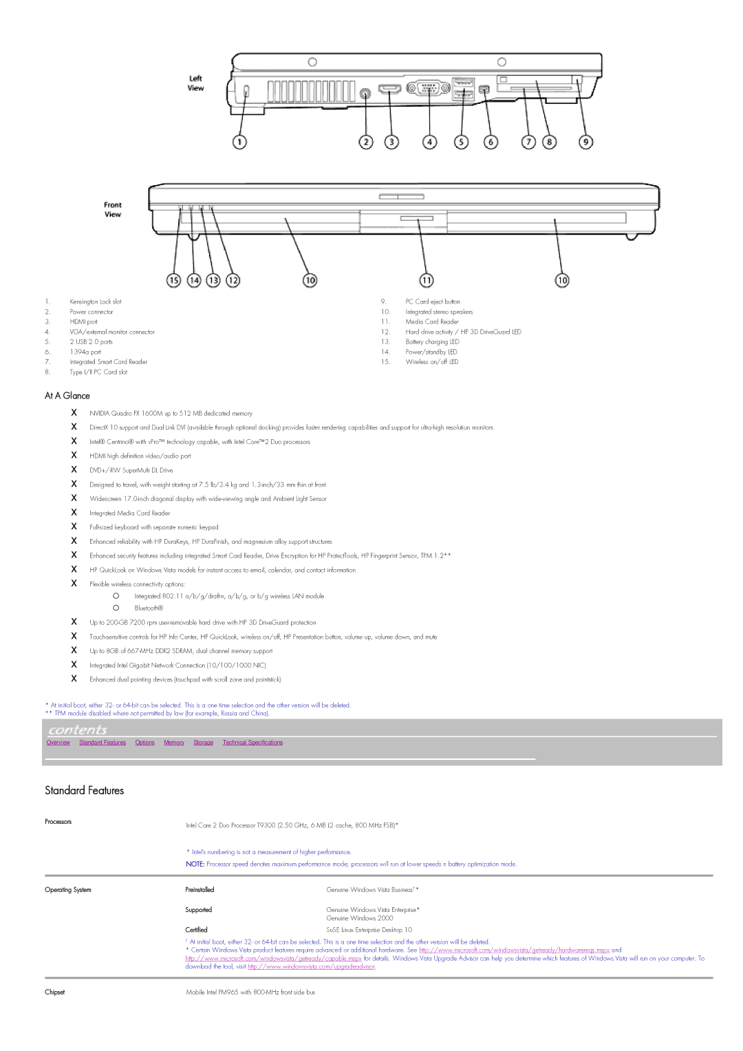 Intel HP8710w warranty Standard Features 