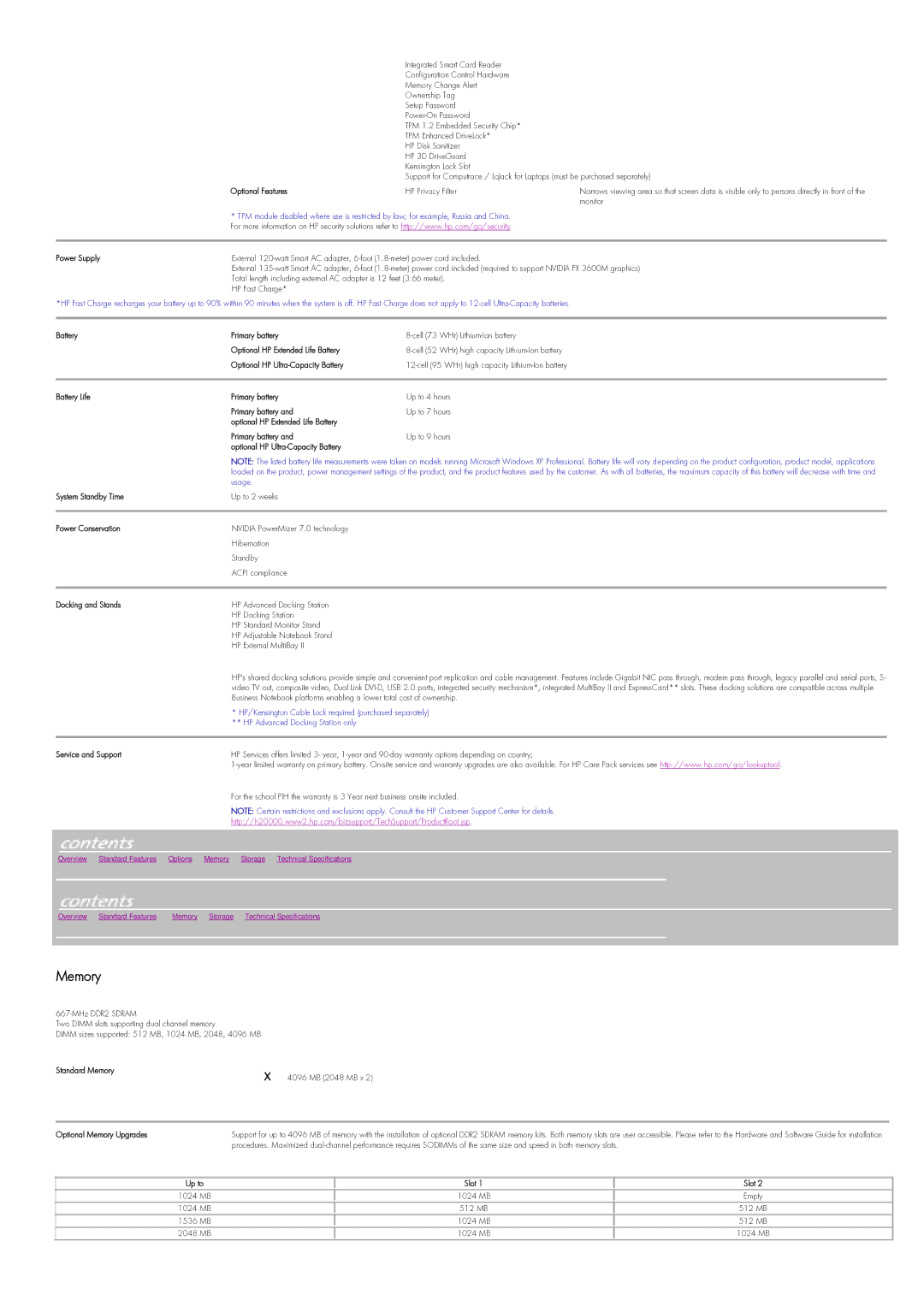 Intel HP8710w warranty Memory 