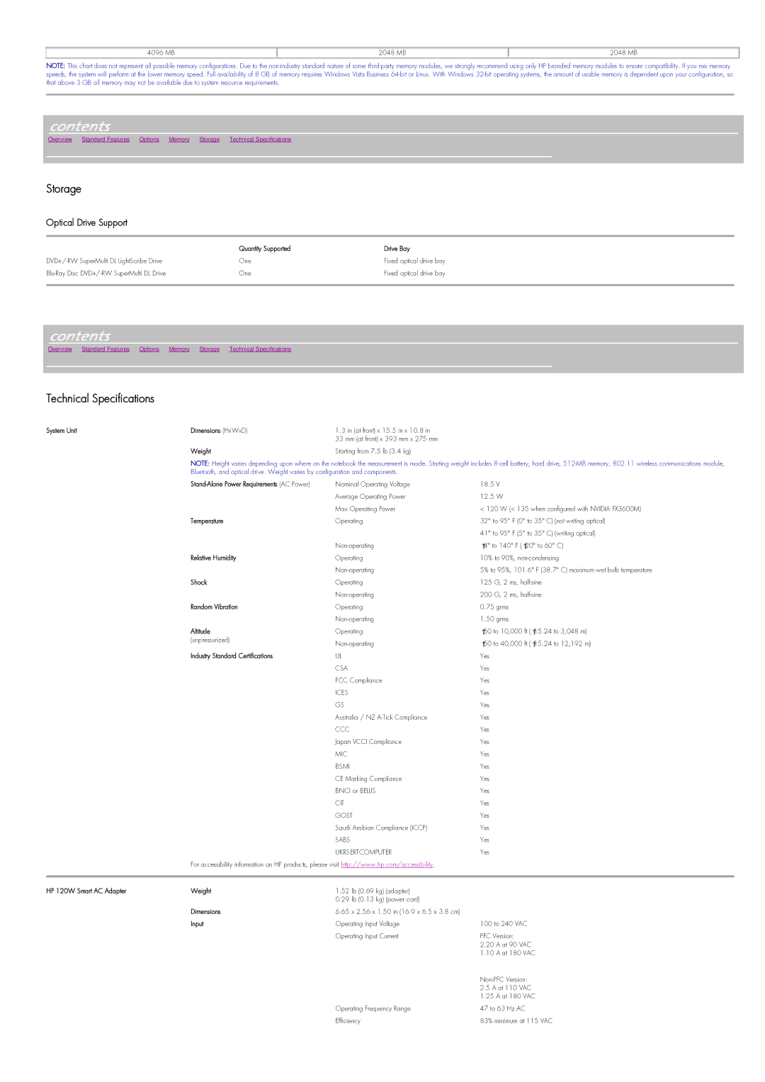 Intel HP8710w warranty Storage, Technical Specifications 