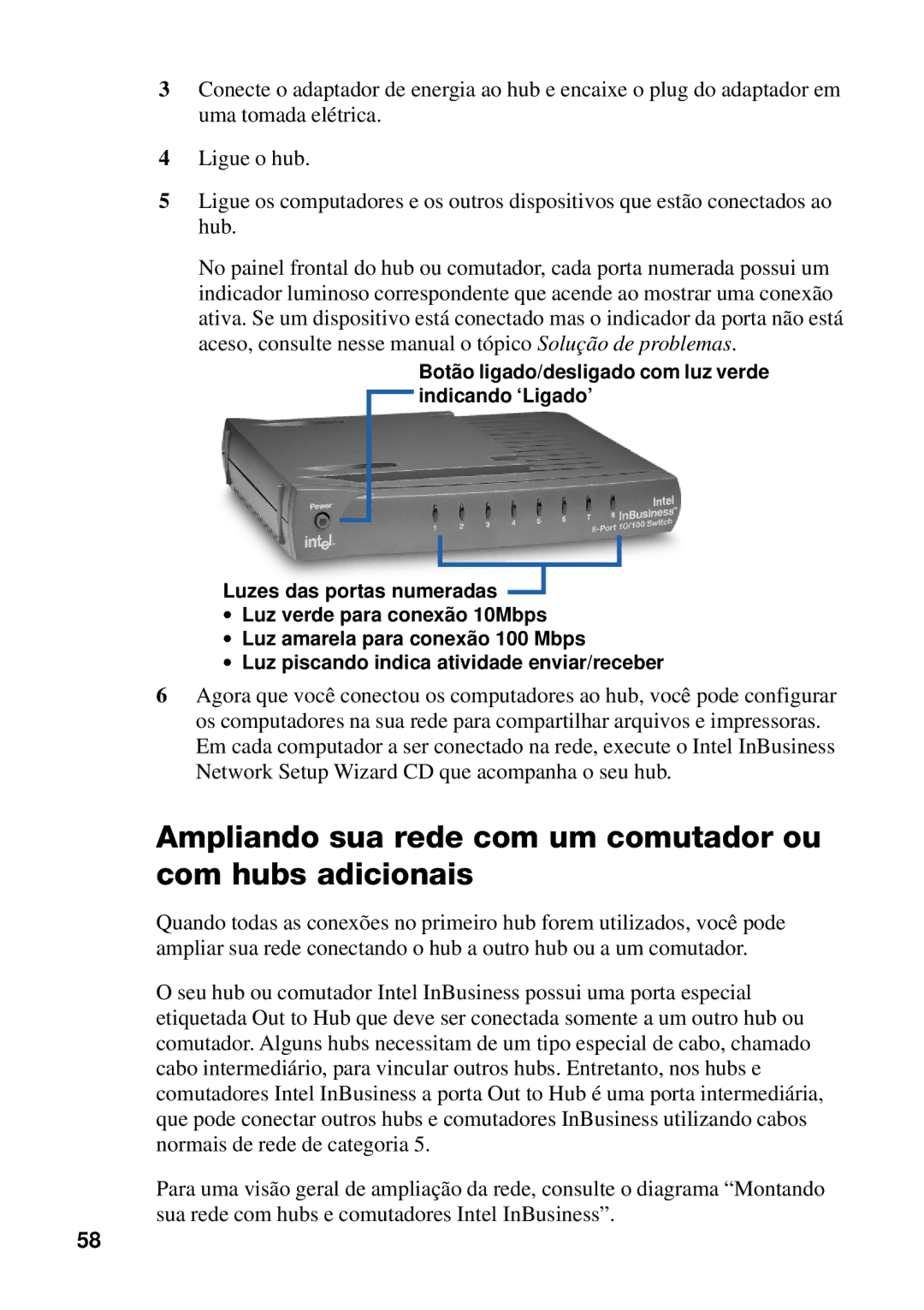 Intel Hubs and Switches setup guide Ampliando sua rede com um comutador ou com hubs adicionais 