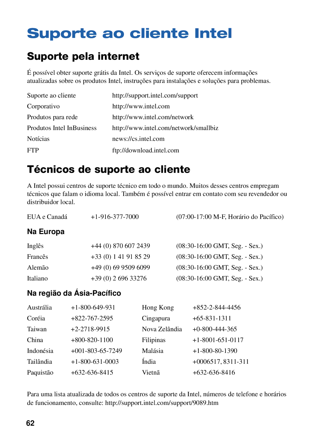 Intel Hubs and Switches Suporte ao cliente Intel, Suporte pela internet, Técnicos de suporte ao cliente, Na Europa 