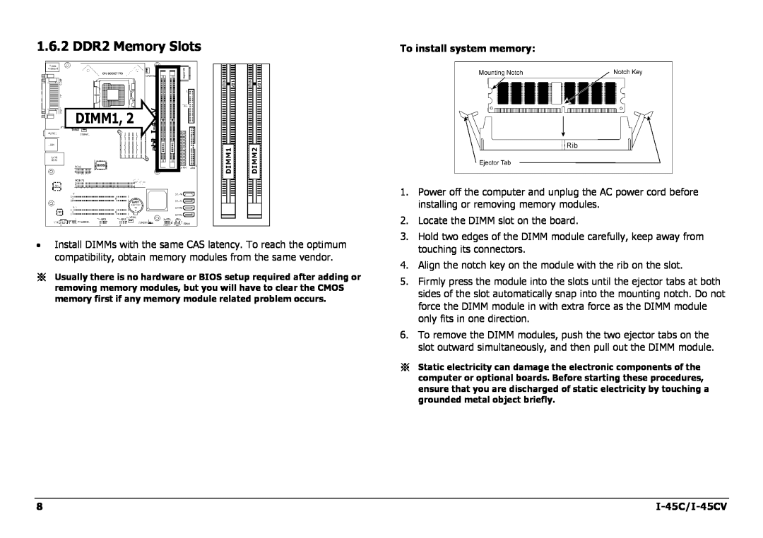 Intel I-45CV manual 1.6.2 DDR2 Memory Slots, To install system memory 