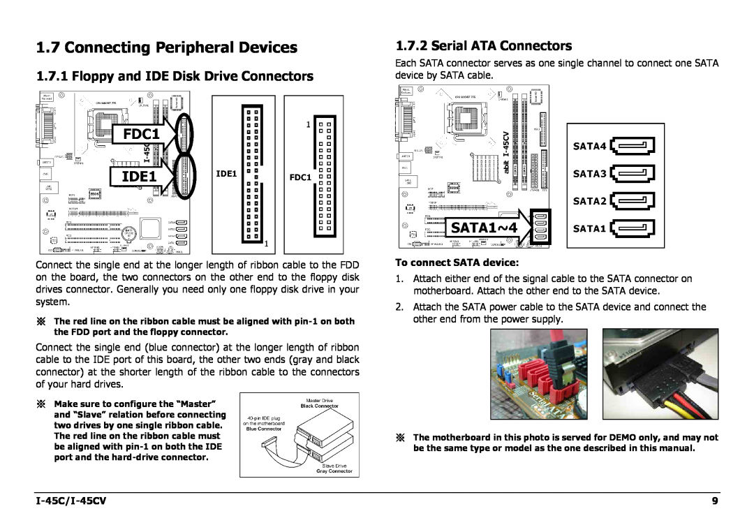 Intel manual Connecting Peripheral Devices, Floppy and IDE Disk Drive Connectors, Serial ATA Connectors, I-45C/I-45CV 
